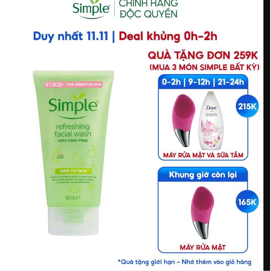 Sữa rửa mặt Simple giúp da sạch thoáng & không chứa xà phòng 150ml