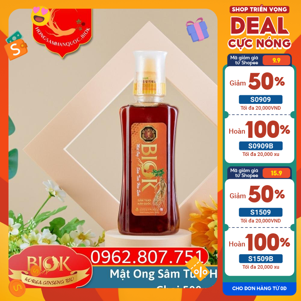 Mật ong sâm tươi Hàn Quốc BIOK chai 500ml, Sâm tươi ngâm mật ong bồi bổ sức khỏe, Thực phẩm bổ sung năng lượng
