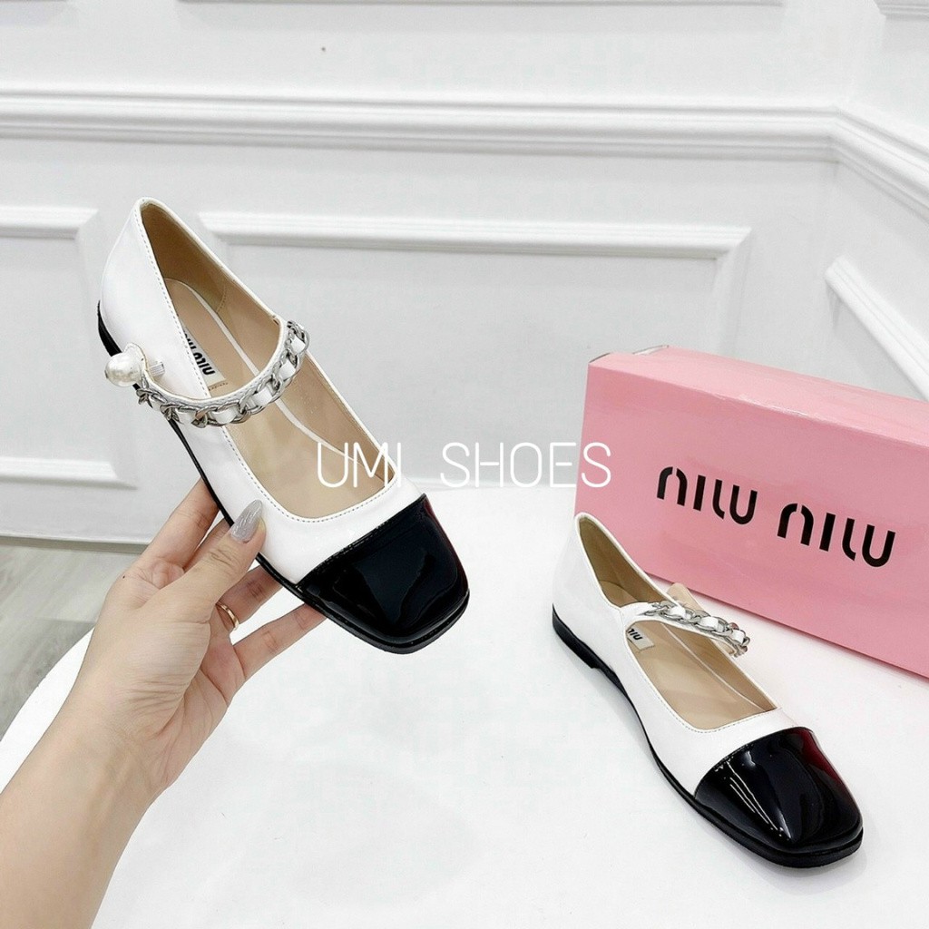 Giày búp bê nữ hài bệt xích ngọc mũi vuông DA BÓNG đế bệt đơn giản quai cài ngang màu đen/trắng mới xinh công sở