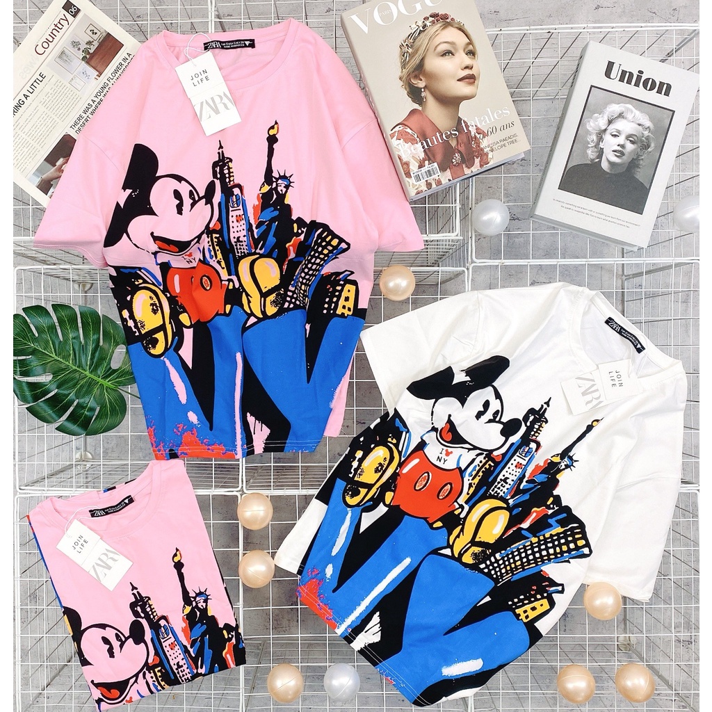 Áo thun hoạt hình, áo thun nữ ngắn tay ZR PINK PANTHER báo hồng siêu cưng in hai mặt trước sau chất cotton 100%