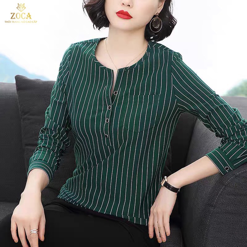Áo Phông nữ tay dài thiết kế hoạ tiết kẻ sọc , Áo nữ mùa hè cổ tròn phối cúc chất vải cotton mềm mát _ AKS