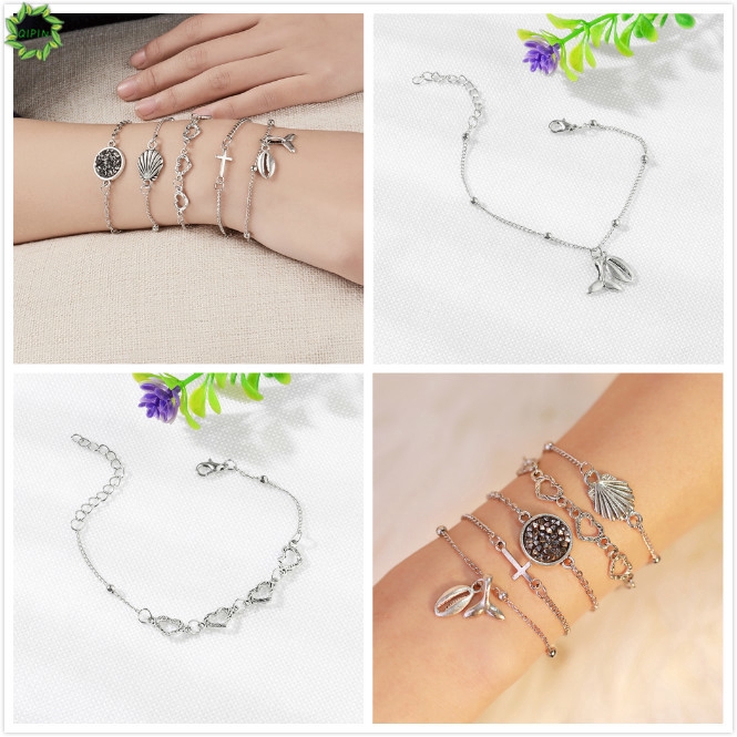 Bộ 5 vòng tay thời trang Bohemia điều chỉnh được mặt hình trái tim/thánh giá/vỏ sò biển