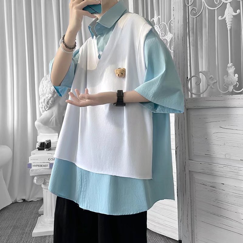 Áo Sơ Mi Tay Ngắn Dáng Rộng Giả 2 Lớp Phong Cách Nhật Hàn Thời Trang Mùa Hè Hàng Mới Dành Cho Nam