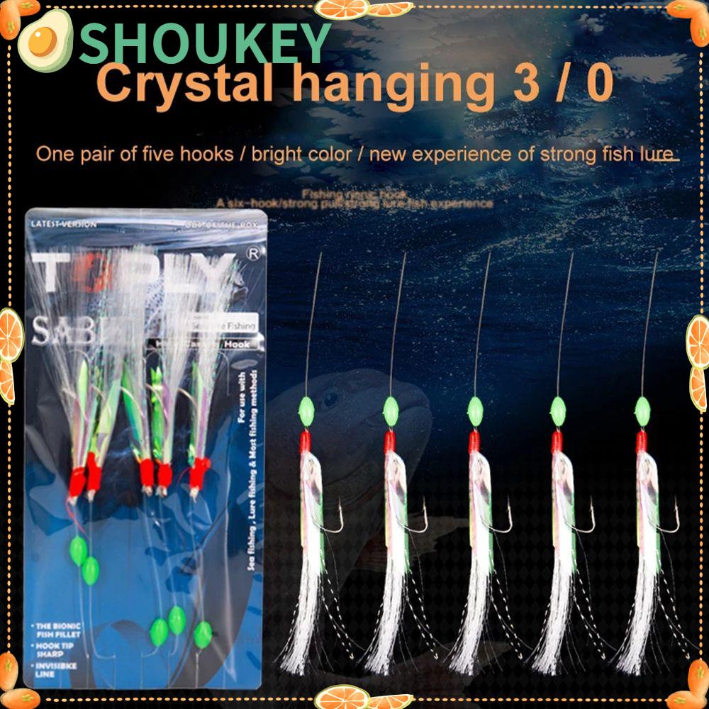 Set 5 lưỡi câu có ngạnh quấn dây cước gắn lông vũ dùng câu cá đi biển