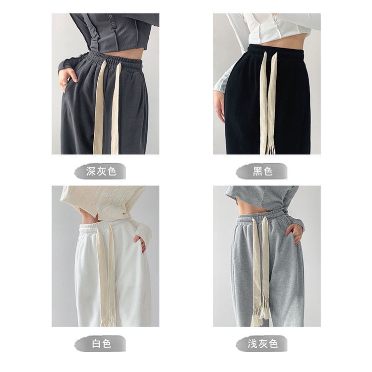 Quần dài ống rộng lưng cao phối dây rút thời trang xuân thu cá tính