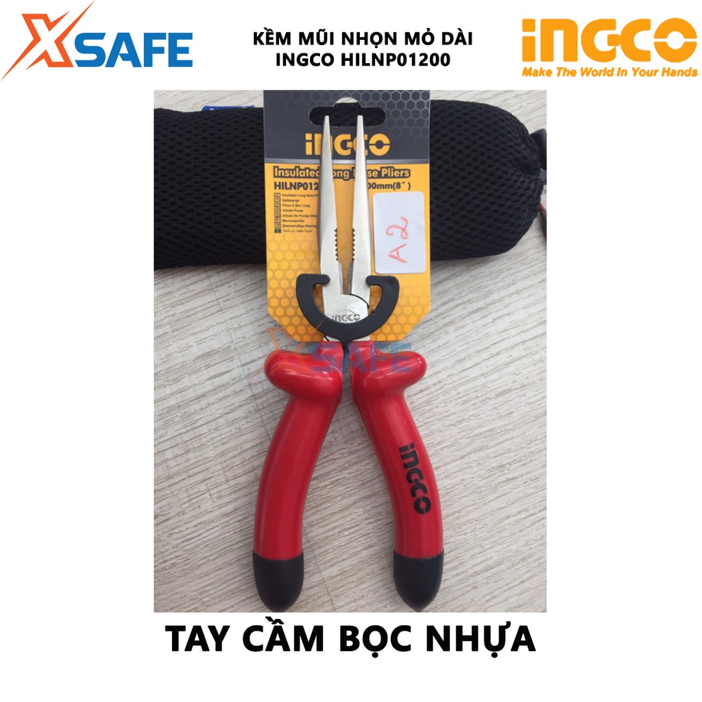 Kìm mũi nhọn mỏ dài cách điện INGCO HILNP01200 | kềm cách điện Kích thước 8 inch/200mm Tay cầm bọc nhựa chuyên dụng