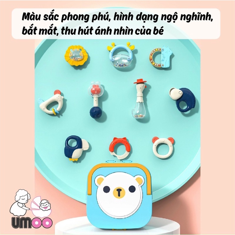 set bộ gặm nướu cho bé có đèn có nhạc umoo , gặm nước xúc xắc cho bé moyum