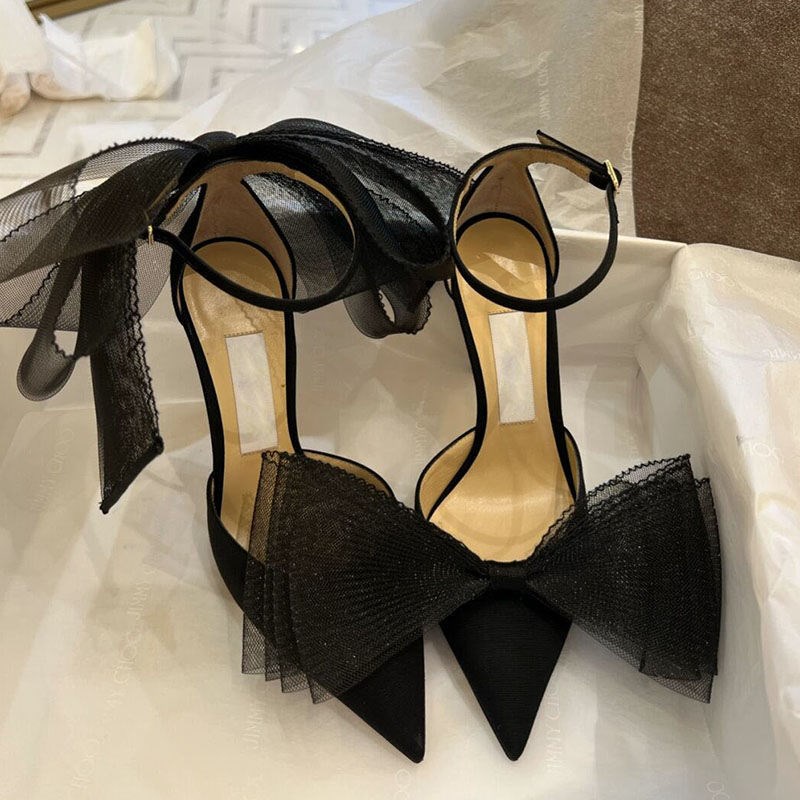 Giày Cao Gót Mũi Nhọn Đính Nơ Màu Đen Thời Trang Xuân Quyến Rũ Dành Cho Nữ 2022