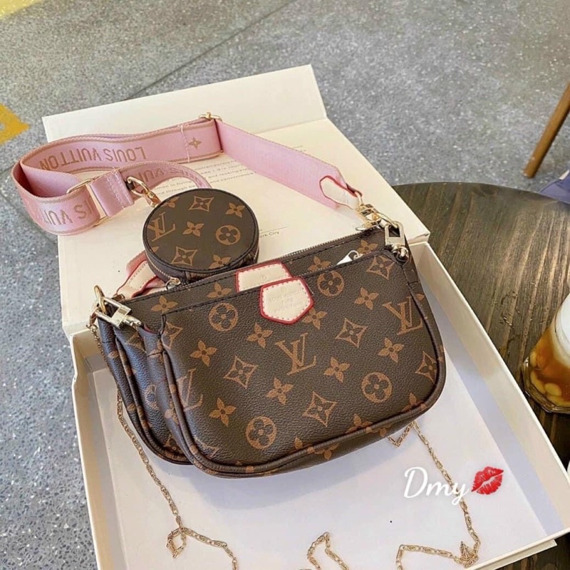 Set túi xách 3 món, combo túi đeo chéo L.V dây đeo canvas thêu chữ chất da mềm mịn bên trong lót dù hàng VNXK