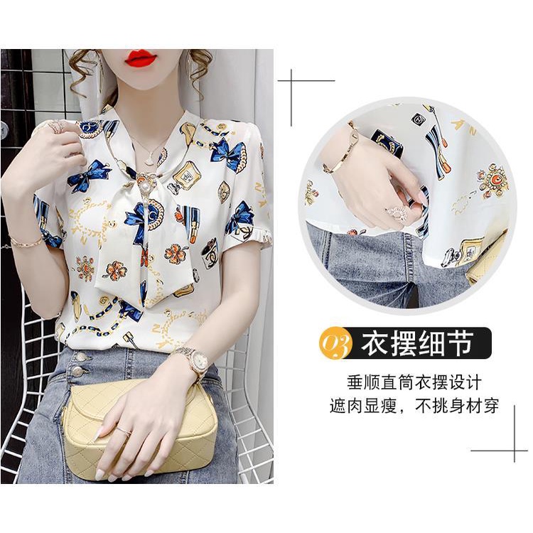 Áo sơ mi chiffon tay ngắn phồng in hoa thời trang mùa hè cho nữ