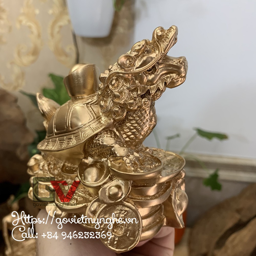 Tượng đá trang trí phong thủy long quy - Rùa đầu rồng cõng thỏi vàng - Chiều Cao 10cm - Màu nhũ đồng