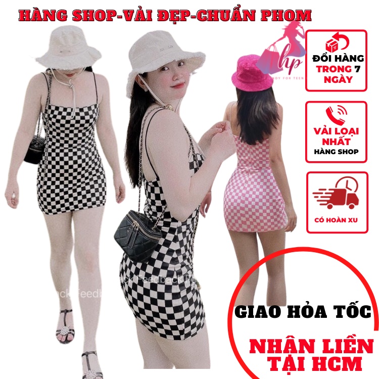Váy đầm nữ 2 dây caro dây bún dáng ngắn ôm body dự tiệc sang chảnh kiểu hàn quốc VD217