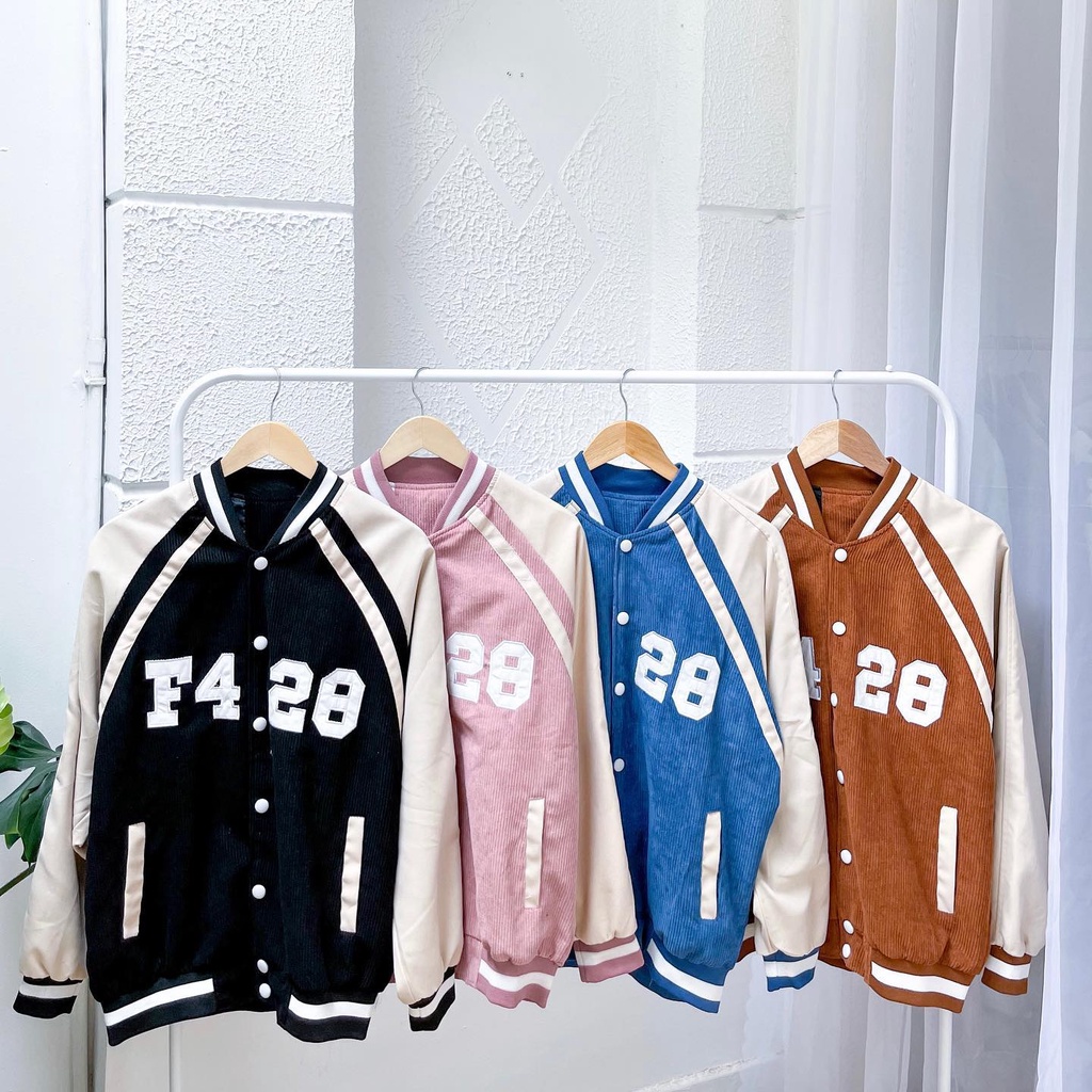 Áo Khoác Bomber F428 nhung gân 2 lớp màu ĐEN/XANH/NÂU/HỒNG✨chữ thêu tay phối 🧸