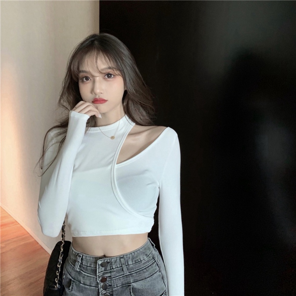 Áo croptop nữ body tay dài KIỂU hở vai cổ vo tròn phối lạ mắt, độc đáo