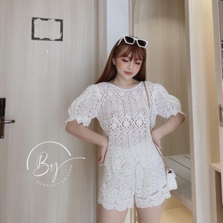 Set ren zic zắc xinh mùa biển - áo ren cộc tay kiểu zic zắc + quần ren hoa cạp nhỏ hot hit