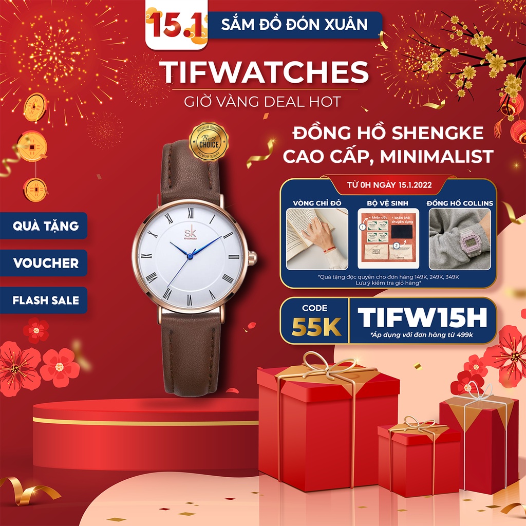 Đồng hồ cặp nam nữ dây da nâu SHENGKE mặt la mã kim xanh đồng hồ đôi chính hãng đẹp Watchesbytif size 28mm & size 40mm