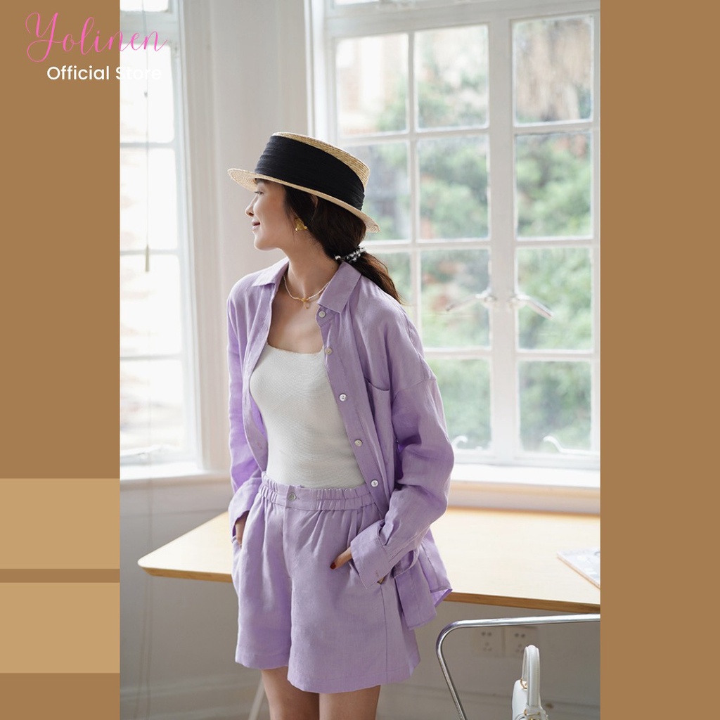 Set sơ mi nữ form rộng thả vai kèm quần short YOLINEN màu tím pastel dịu dàng, vải linen mềm mát