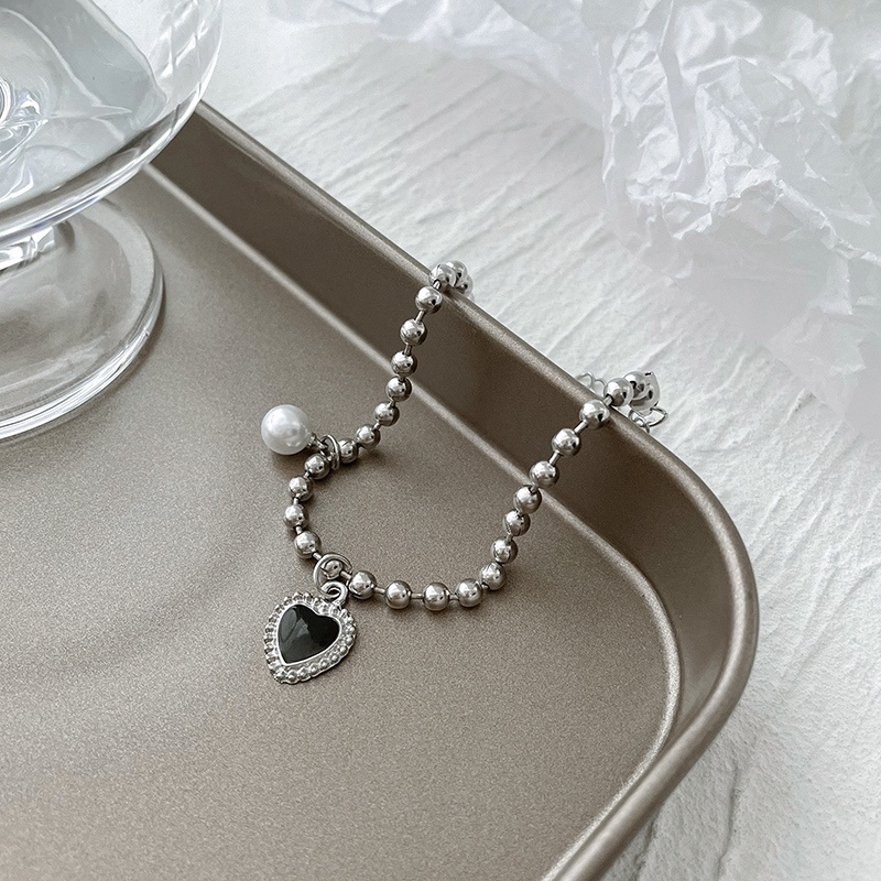 Vòng Tay Dây Xích Mặt Trái Tim Màu Đen Phong Cách Harajuku Hàn Quốc