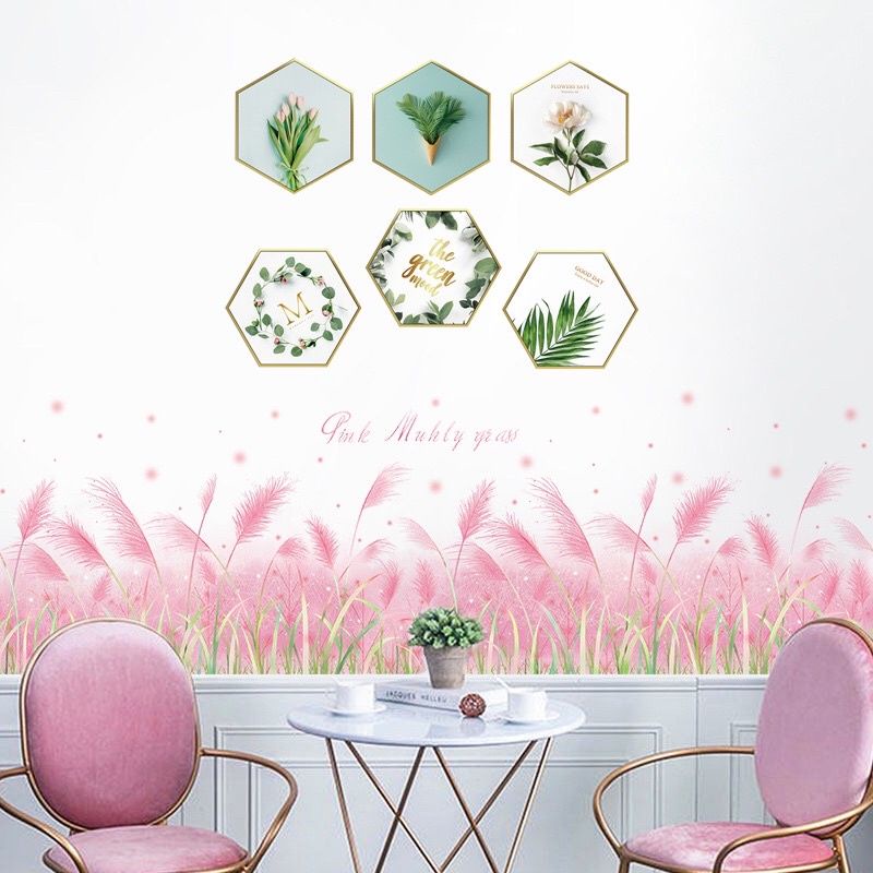 Decal dán tường khung ảnh và chân cỏ lau hồng