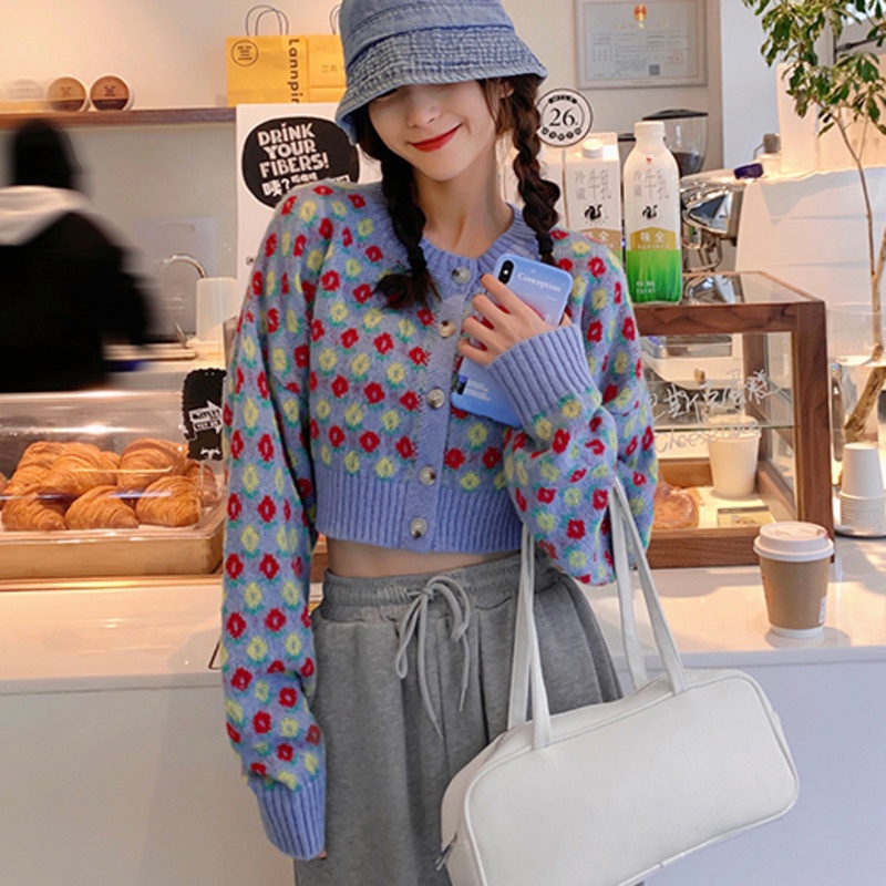 Áo khoác len cardigan họa tiết hoa ngọt ngào