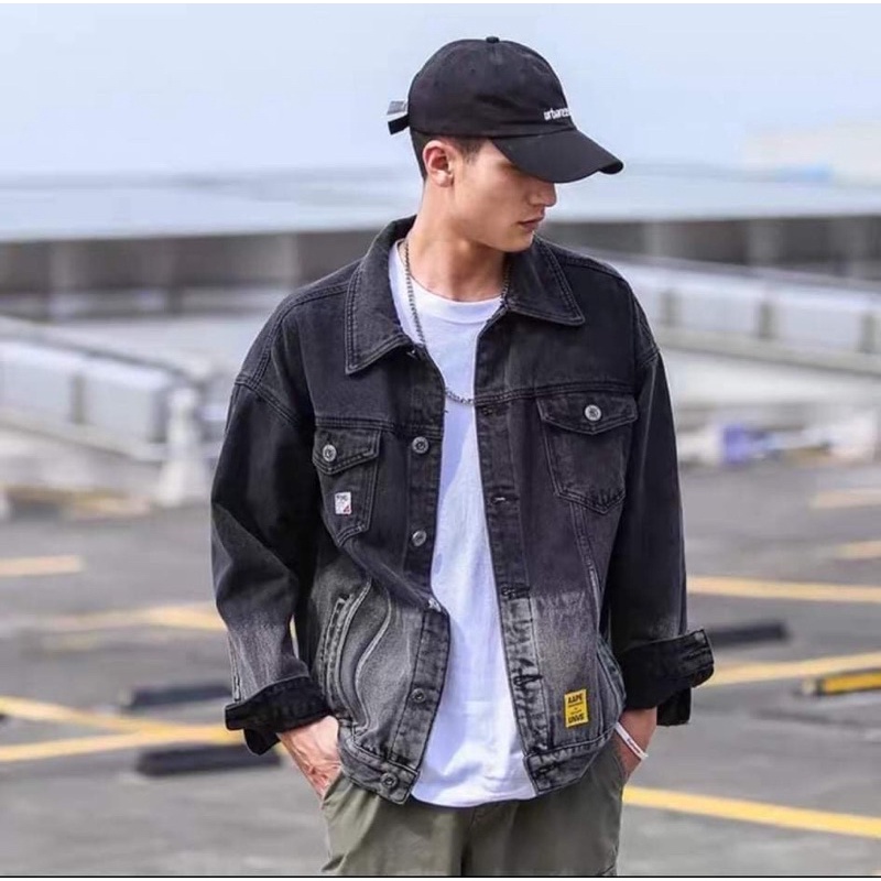 Áo khoác jeans nam đen xám phối 2 màu thêu chữ sumisu shop