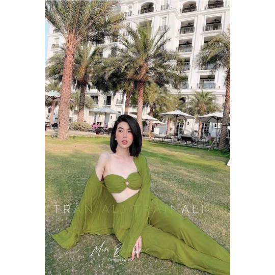 Set 3 món áo bra cúp ngực+khoác sơmi+quần suông dài trắng/xanh lá/hồng cánh sen, bộ hotgirl sang trọng quyến rũ gợi cảm