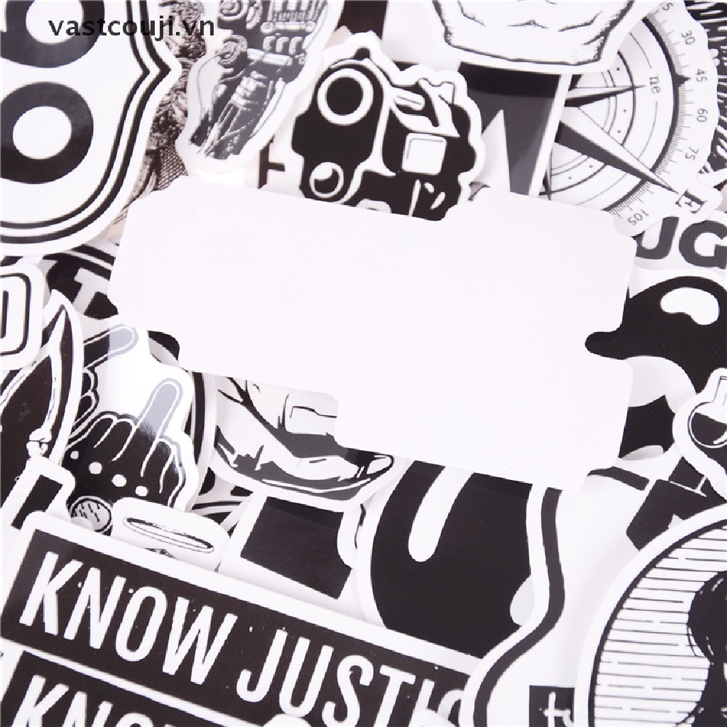 Set 100 Sticker Màu Trắng Đen Trang Trí Ván Trượt / Laptop / Vali Chất Liệu PVC