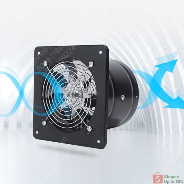 Quạt thông gió gắn tường mini 4inch D100mm, gắn tường khoét lỗ hoặc gắn ống D100mm, có tai bắt vít vào tường