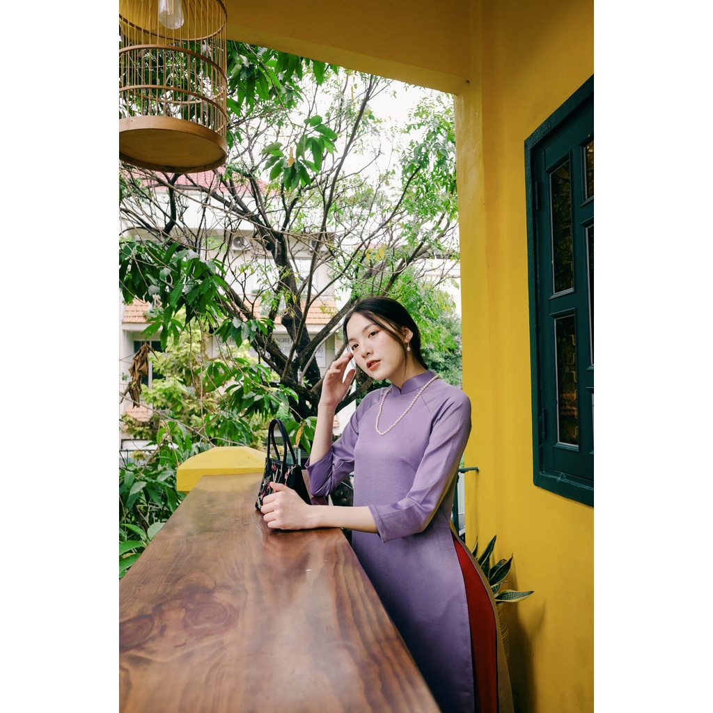 Set Áo Dài Rosemary Lụa Tây tThi Tím Đậm