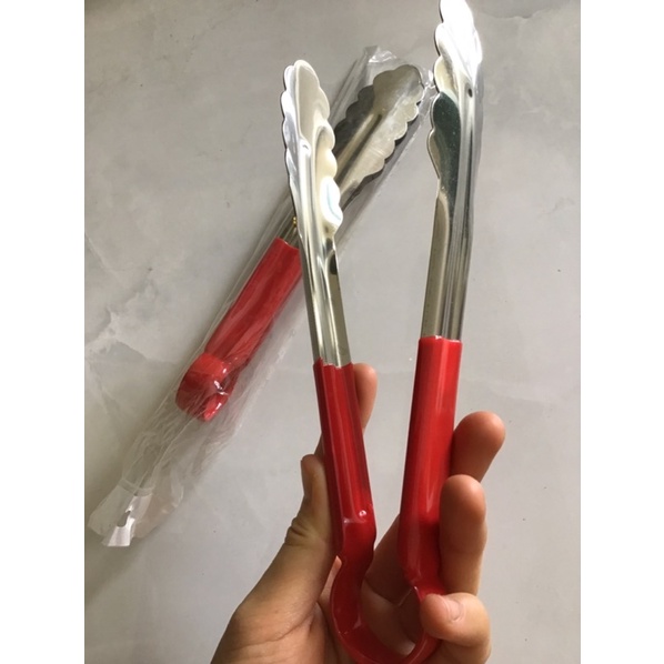 Kẹp gắp thức ăn inox, kẹp gắp đồ nóng cán đỏ dài 22cm