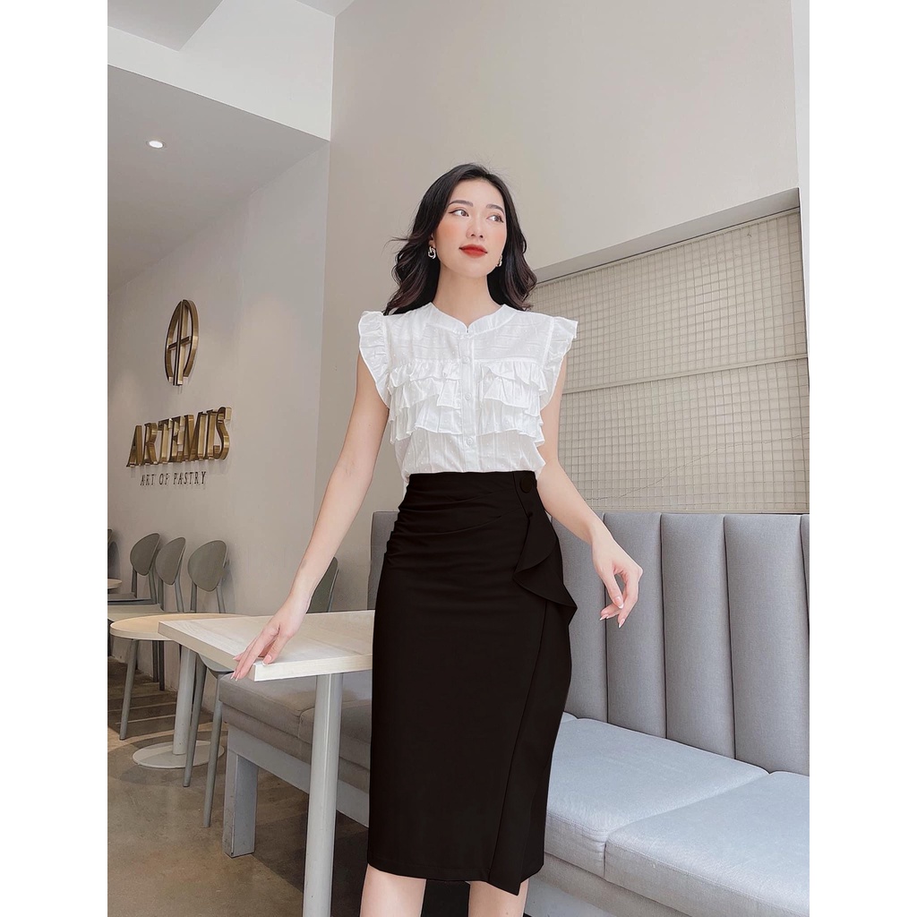 Chân váy công sở bút chì dáng dài phối nút to sành điệu, bút chì bèo dọc phối 1 cúc to dài 68cm