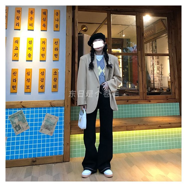 Quần jean dài ống rộng thêu hoa nhỏ màu đen thời trang dành cho nữ