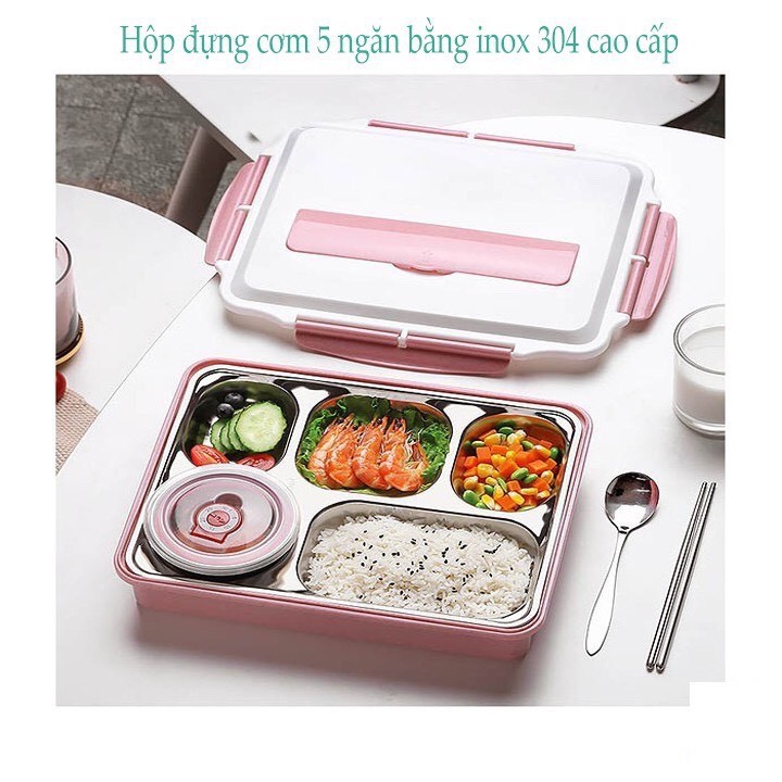 Hộp đựng cơm giữ nhiệt Inox BinCoo 5 ngăn có bát canh, thìa đũa - Hộp đựng cơm thông minh có giá để điện thoại