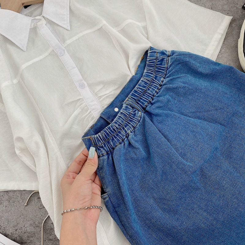 Set áo trắng + chân váy jean form A