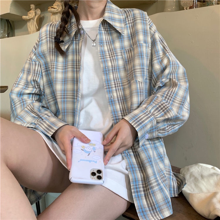 Áo Sơ Mi Caro Tay Dài Dáng Rộng Phong Cách Hàn Quốc Cho Nữ