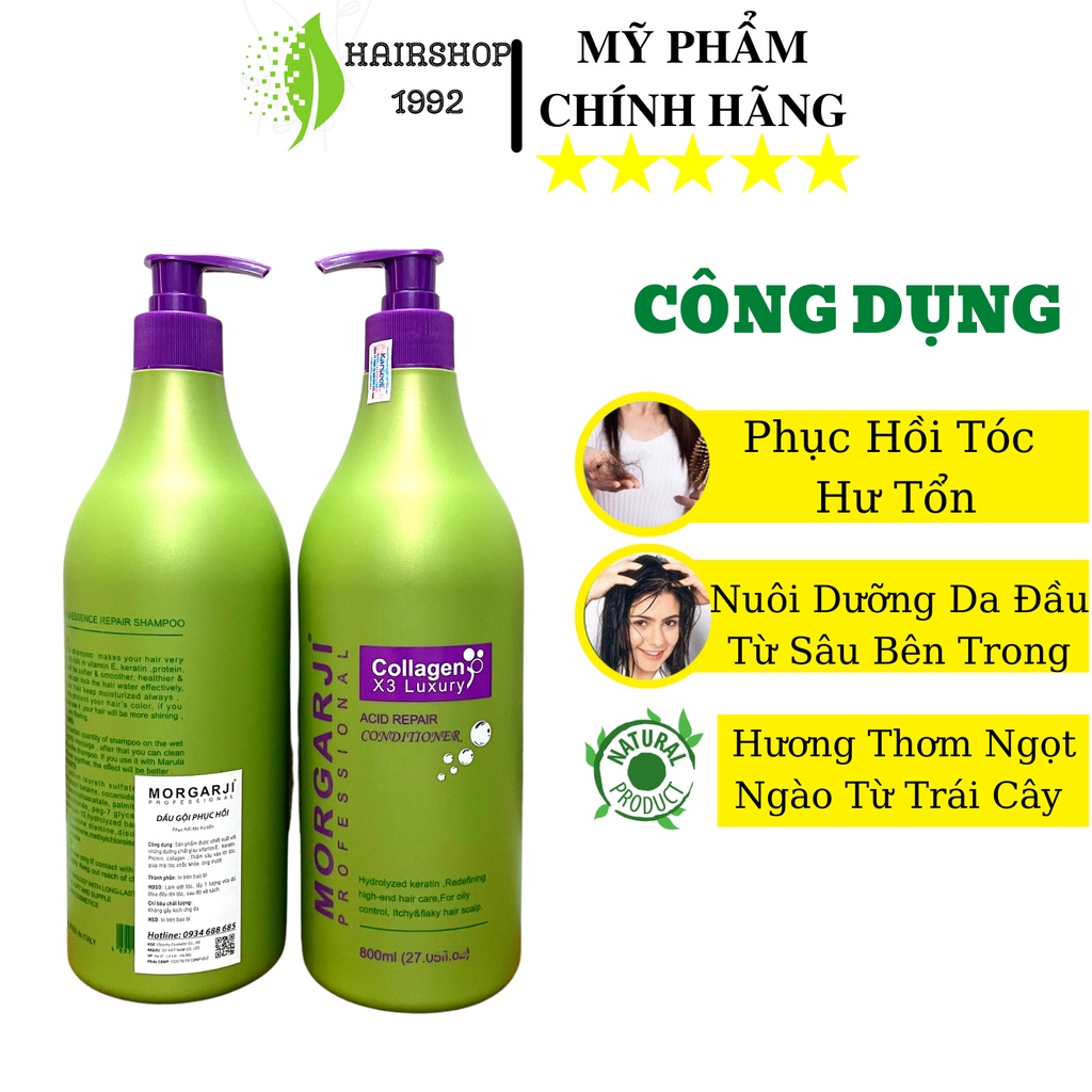 Dầu Gội Xả Colagen MORGARJI Phục Hồi Tóc Hư Tổn Siêu Mượt Hương Thơm Hoa Quả 800ml * 2. Bộ Dầu Gội Colagen