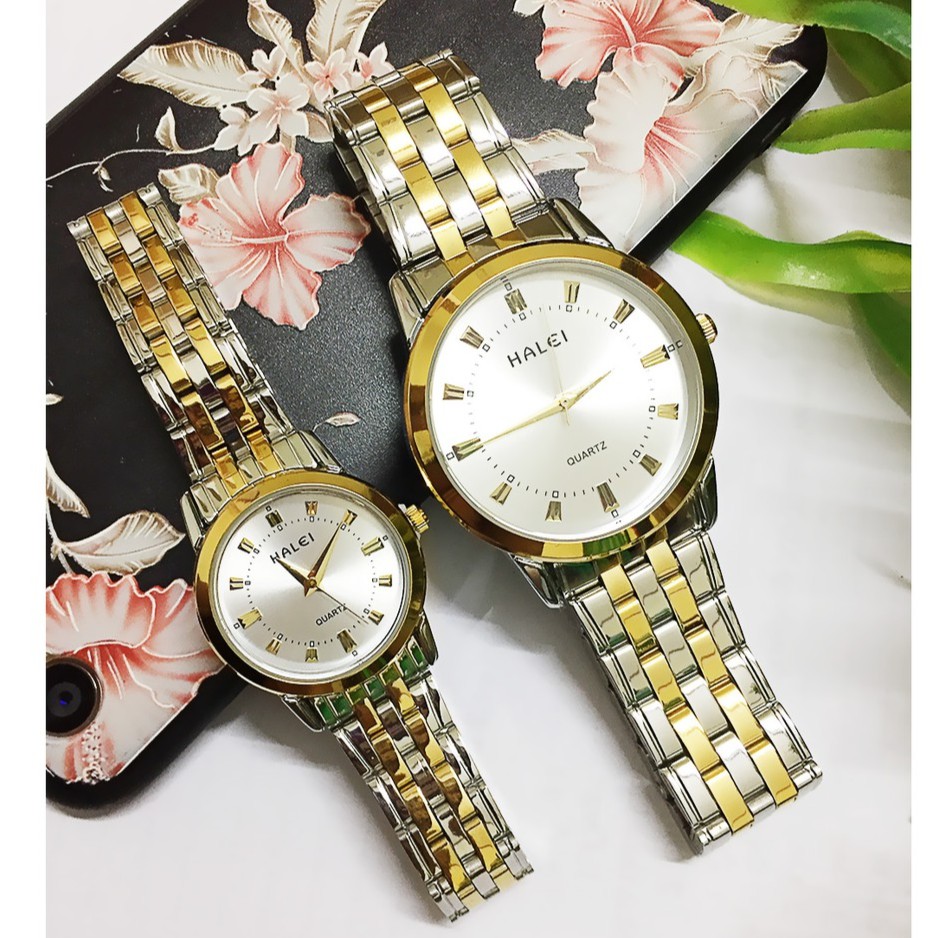 Đồng hồ đôi nam nữ halei 552DM mặt trắng dây vàng - Đồng hồ giá tốt