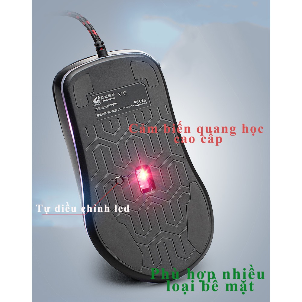 Chuột chơi game máy tính V6 LED RGB FREE WOLF Black, Led Đổi Màu Nhiều Chế Độ Đổi Màu Khác Nhau