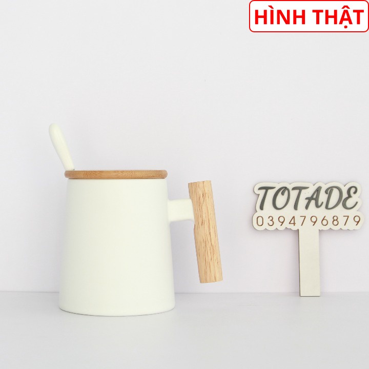 Ly, cốc bằng gốm thân vát màu trắng | Quai cầm bằng gỗ | Phong cách Nhật Bản | CMU0010