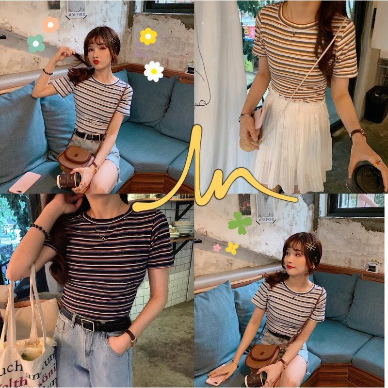 Áo thun dệt kim SUXI dáng ôm tay ngắn họa tiết sọc cầu vồng phong cách Hàn Quốc
