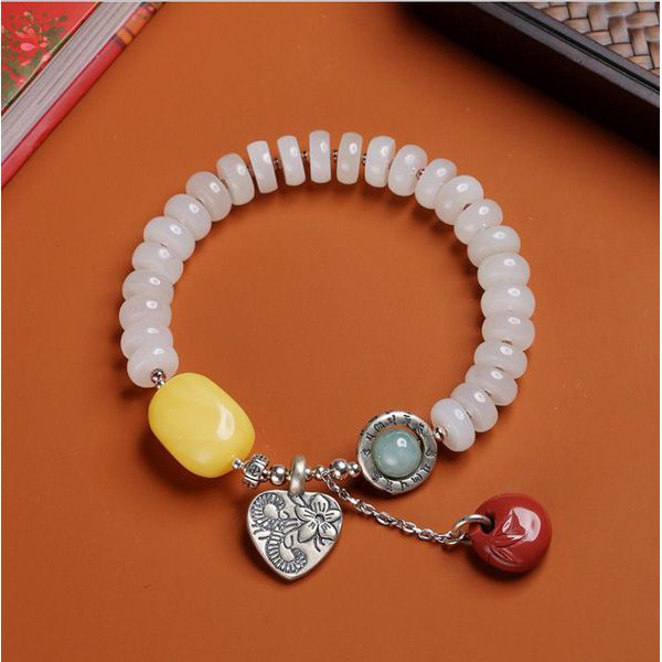Vòng tay chuỗi hạt đá Nephrit màu trắng mix hổ phách và bạc thái