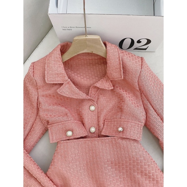 SET ÁO DẠ HỒNG CROPTOP + CHÂN VÁY ĐUÔI CÁ