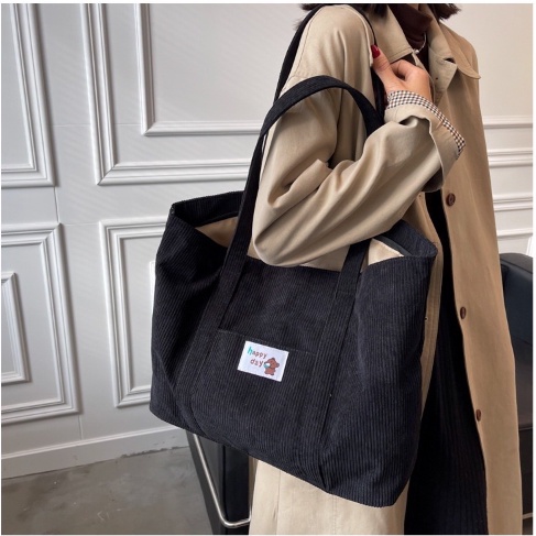 Túi tote túi vải nhung tăm phong cách Hàn quốc, cở lớn có khóa miệng đi học đi chơi