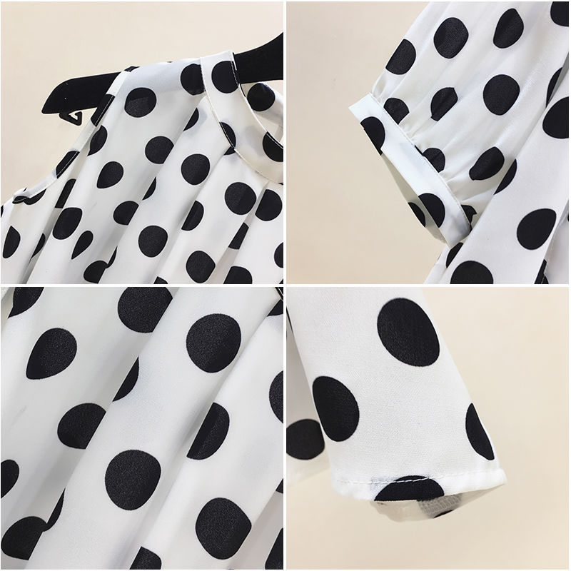 Áo Sơ Mi Chiffon Tay Lỡ Hở Vai Họa Tiết Chấm Bi Trắng/Đen Thời Trang Cho Nữ Size M-4XL