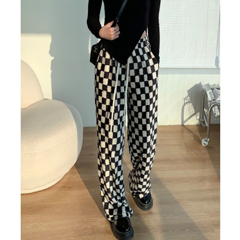 Quần Dài Lưng Cao Ống Rộng Họa Tiết Sọc Caro Cá Tính Cho Nữ
