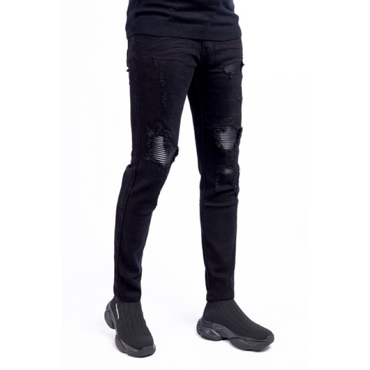Quần Biker Nam Rách Gối Phối Da Nhăn Cực Đỉnh