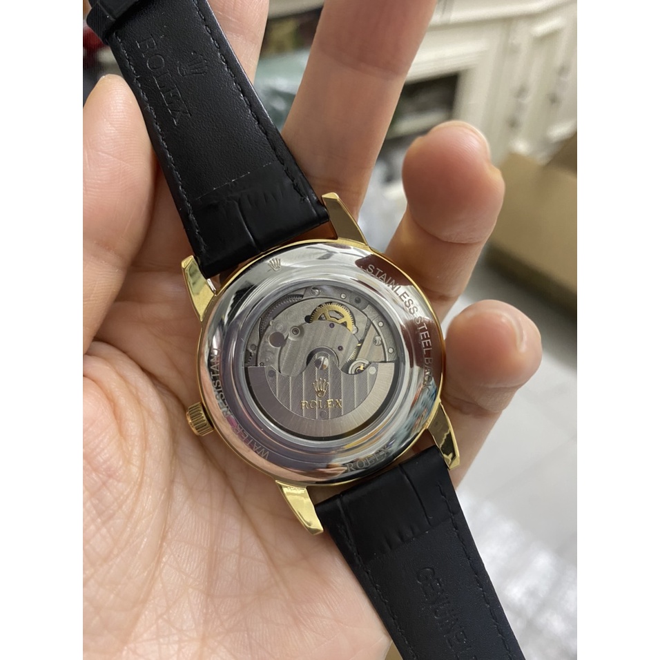 Đồng hồ Nam Rolex trăng sao cơ automatic mặt đen vỏ vàng gold dây da - dây kim loại size 40mm