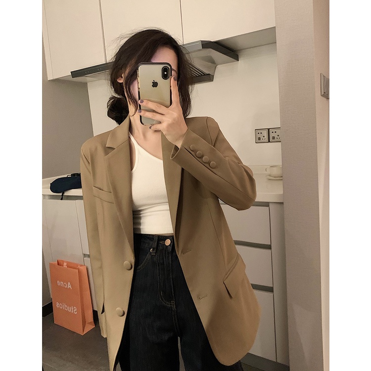 Áo khoác blazer dài tay màu nâu vintage hai lớp phong cách Hàn Quốc (CÓ QUÀ TẶNG KÈM)