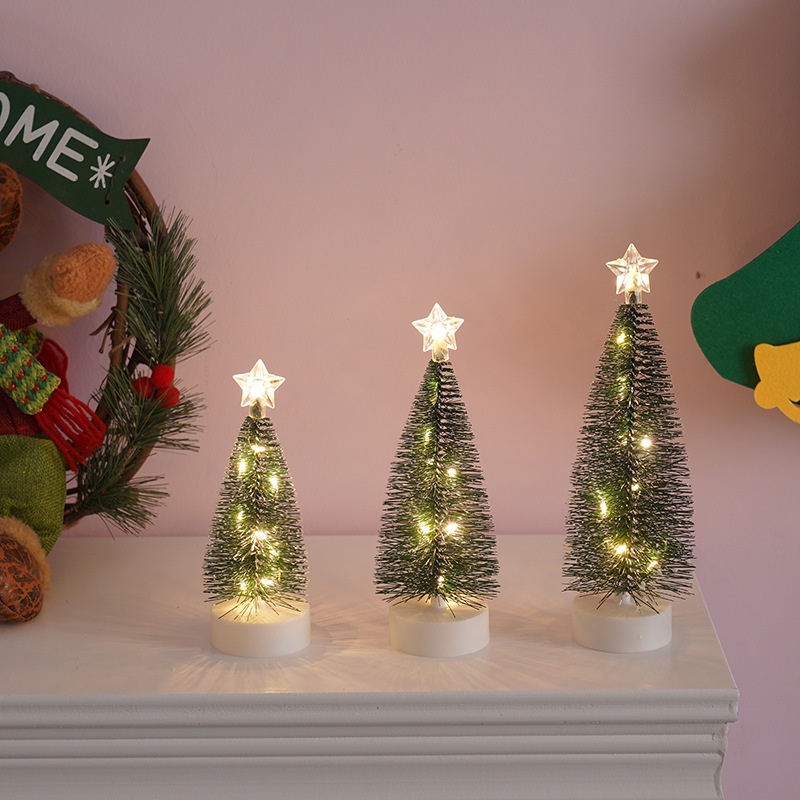 Bộ 3 Cây Thông Giáng Sinh Mini Có Đèn LED Phát Sáng Kèm Ngôi Sao / Quả Thông Nhỏ Trang Trí Cây Thông Noel