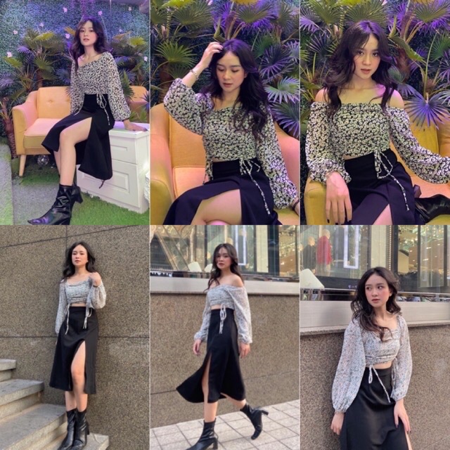 Áo croptop hoa tay dài rút dây 2 bên